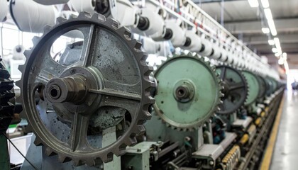 Fototapeta premium Industrial Gear Mechanism in Textile Factory Processing Machinery