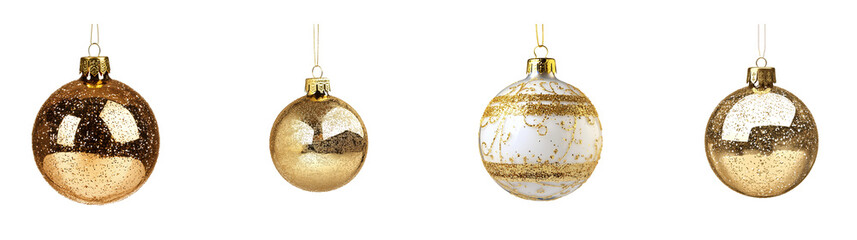 Set of Single golden Christmas tree bauble with metallic sheen, photographed on transparent png background. Ai generated