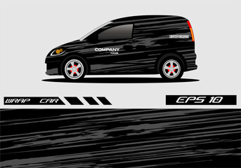 Obraz premium Black delivery van with dynamic design on a gray background