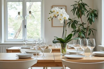 Elegant dining room with orchid centerpiece and modern tableware