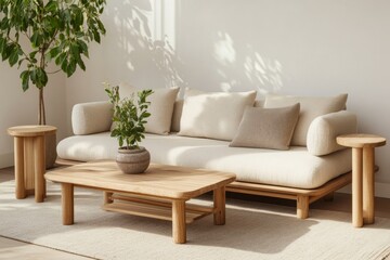 Sofa, coffee table, and side tables in a Scandinavian-style home living room interior. Wooden furniture with plants and decor for a modern, minimalist design of an apartment or house.