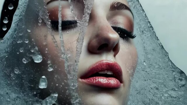 Ice gradually melting on woman's face, water trickling down smooth skin, revealing serene beauty with closed eyes, pink lipstick, and sleek pulled back hairstyle