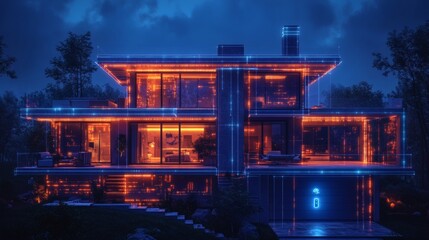 Obraz premium Modern dwelling with glowing edges at twilight, illuminated interior and garage door access, surrounded by nature on a transparent background, PNG image, PNG file.