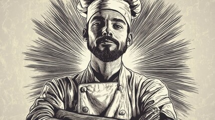 Obraz premium Artisan chef displaying confidence in a vintage engraving style for culinary-themed projects