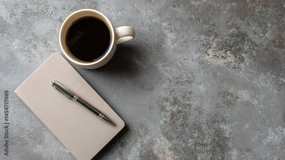 Poster modern desk setup with closed notebook and coffee mug on surface