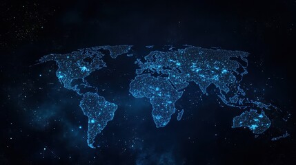 A minimalist world map illustration made of blue dots, symbolizing global connectivity, travel, and exploration.