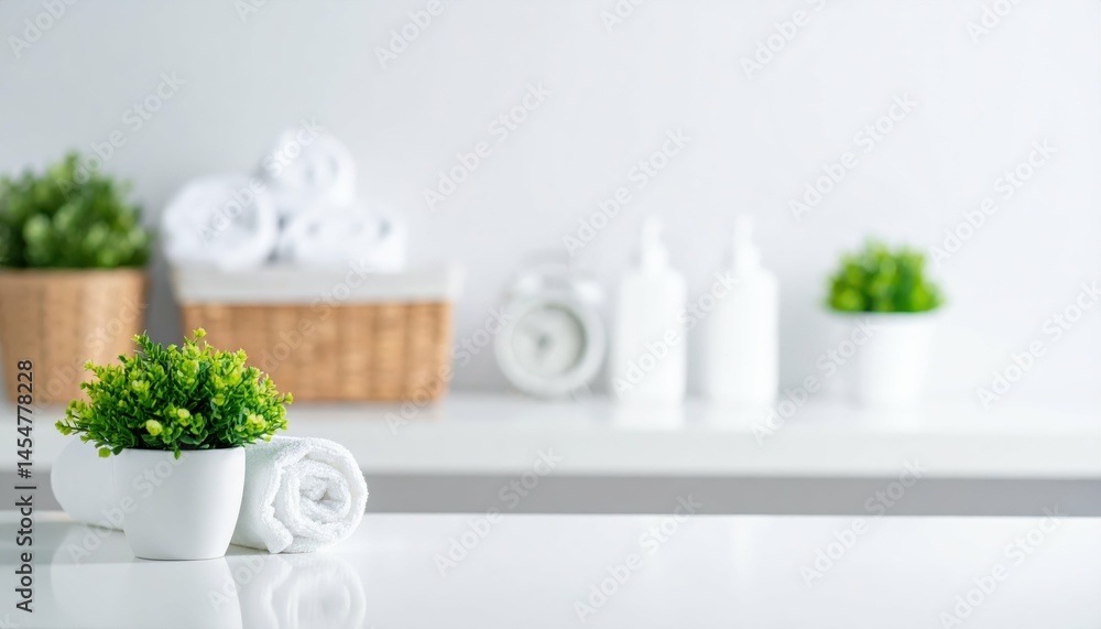 Poster Relaxing Spa Setting with Greenery and Fresh Towels in Minimalist Space