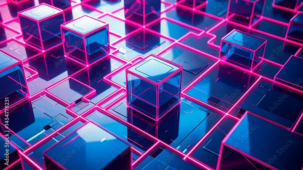 Poster abstract 3d grid of transparent cubes connected by glowing neon pink lines on dark reflective surfac