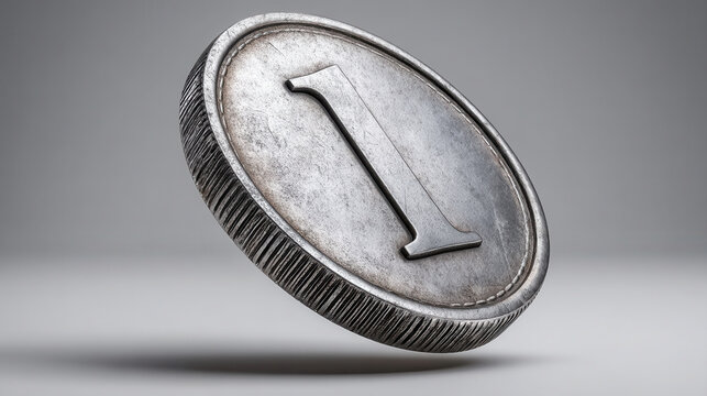 Detailed 3D animation of silver coin featuring number one, floating against clean white backdrop, evokes sense of value and simplicity