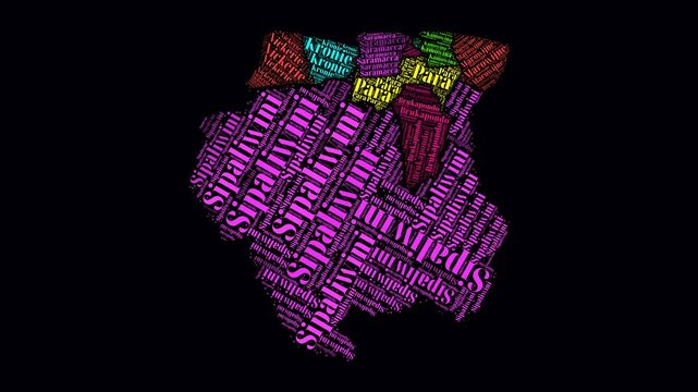 Suriname Intro Video. Regions Word Clouds Animation. Suriname regions names in Dutch language fading in on black background. Country building of territory names video. Awesome animation.