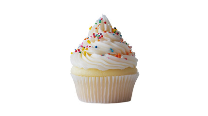 Isolated cupcake with white frosting and colorful sprinkles on a white background view