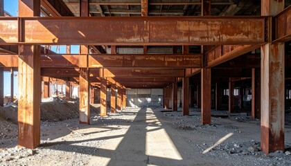 Interior View of Rusty Steel Beams in Abandoned Construction Site