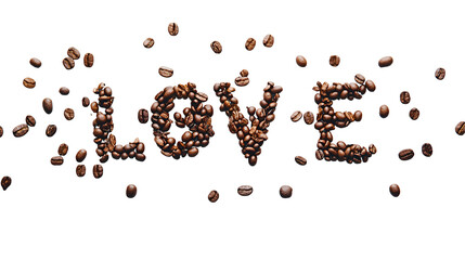 The word love spelled out with coffee beans on a white background in a flat lay style