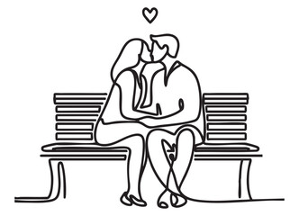 Couple in Love Kissing on Bench a Romantic Silhouette Illustration