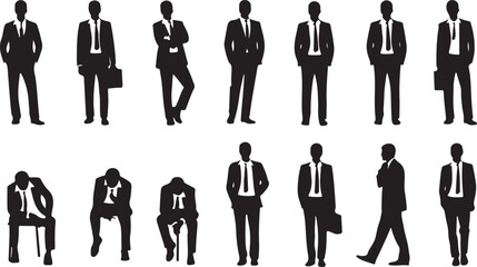 A collection of different silhouette poses of a male body in business attire, isolated and set against a white background, ideal for professional settings