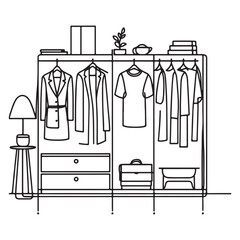 Organized Wardrobe Interior Vector Illustration with Clothing and Accessories