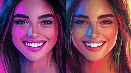 Obraz premium beauty and dental health concept - beautiful woman with white teeth, before and after illustration , no logos, no brands
