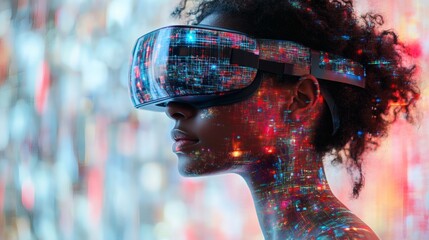 African woman experiencing virtual reality, wearing futuristic headset, intricate digital pattern overlay, side view, glowing colors on a transparent background, PNG image, PNG file.