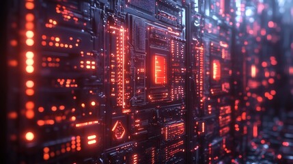 Complex microcircuit system with glowing neon red lights and futuristic structure. Impressive hardware background showing data processing on a transparent background, PNG image, PNG file.