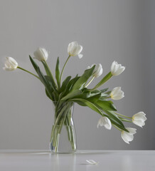 white tulips in glass vase in white interior