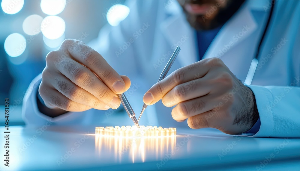Poster scientist working with test tubes in laboratory setting with care