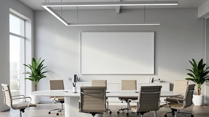 Modern office meeting room with rotating chairs and large whiteboard display in bright natural light