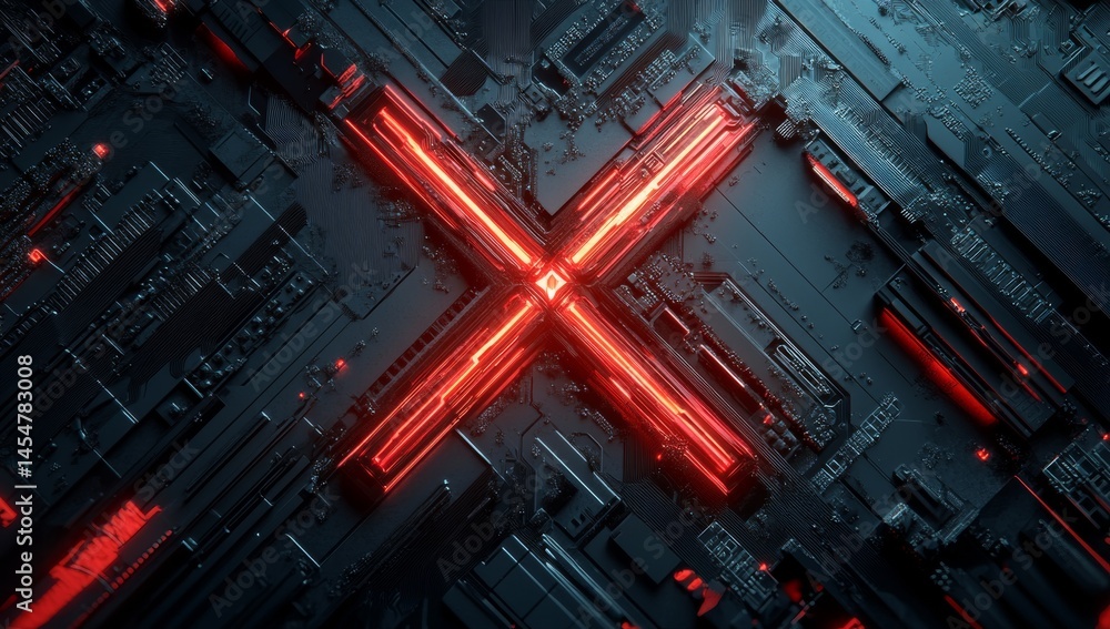 Poster a dark gray background with red glowing lines forming an x shape, with futuristic elements and tech-