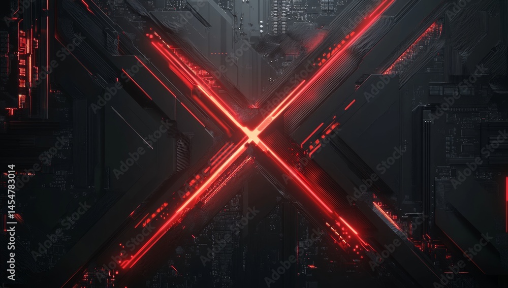 Poster a dark gray background with red glowing lines forming an x shape, with futuristic elements and tech-