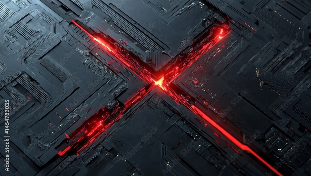 Poster a dark gray background with red glowing lines forming an x shape, with futuristic elements and tech-