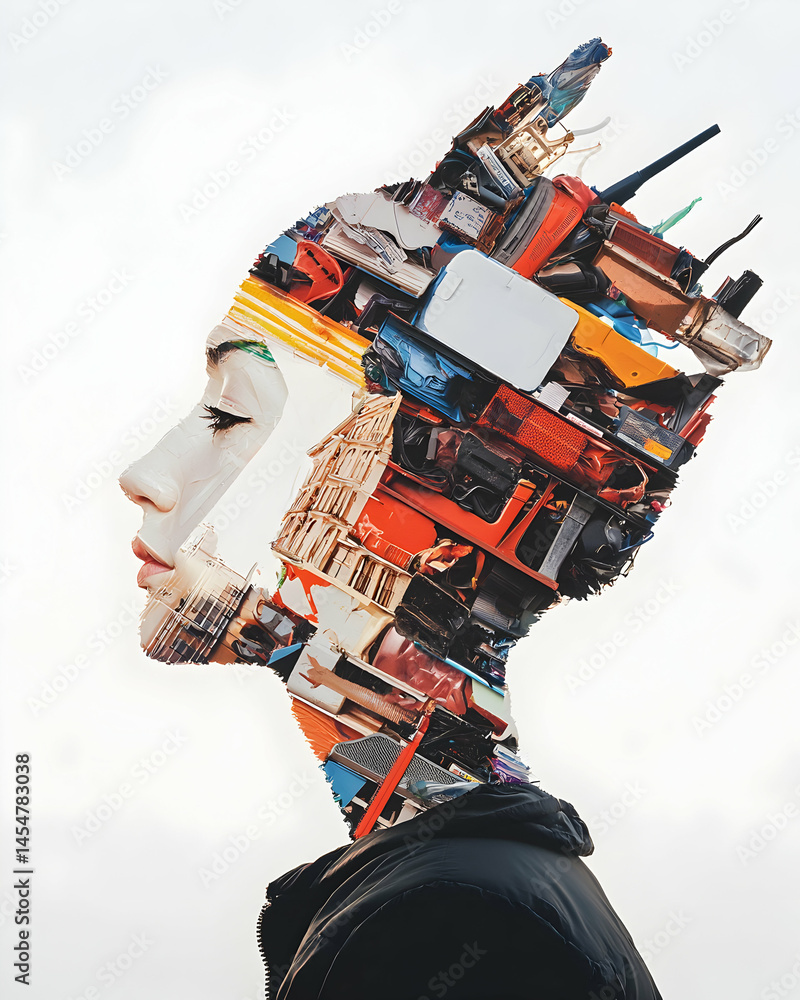 Poster a conceptual artwork merging a woman's profile with assembled objects. suggests inner complexities o