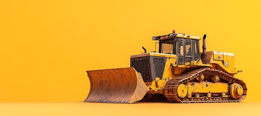 Lifelike Bulldozer on Yellow Background Captured in Ultrawide Angle with Realistic Detailing and Depth