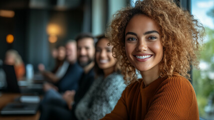 Obraz premium Multiracial business team in modern office with focus on smiling Black woman with curly hair. Diverse professionals collaborating in workplace highlighting inclusion, teamwork and corporate culture