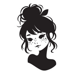 Silhouette of a girl with messy bun hairstyle and freckles