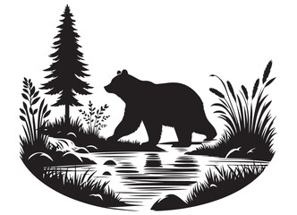 Majestic bear silhouette near the river in nature scenery illustration