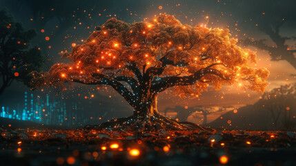Fototapeta premium Glowing fantasy tree illuminated with magical lights in a surreal landscape, symbolizing nature, mystery, and enchantment in a dreamlike world. 