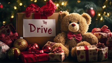 Two plush teddy bears in a donation box labeled "Toy Drive" surrounded by gifts for the holidays