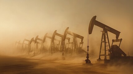 Multiple pump jacks aligned in a flat desert, all nodding in synchronized motion with heat haze rising.