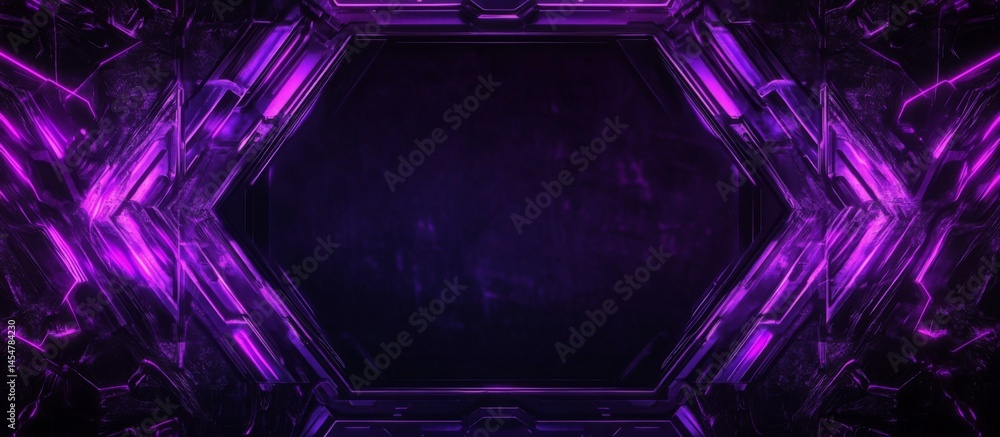 Poster purple neon cyberpunk background with an empty black hexagonal frame for a game or presentation, hig