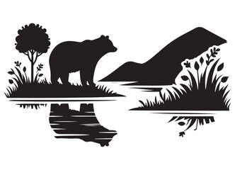 Majestic Bear Silhouette by the Lake Reflection Mountain Landscape
