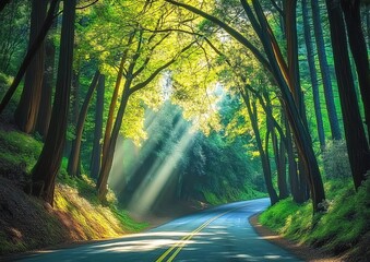 Fototapeta premium Realistic photography style, showing through delicate light and shadow and color a winding road through a dense forest. The road has a yellow dividing line. 