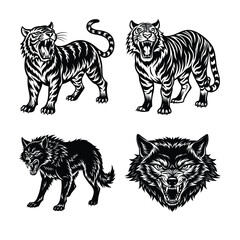 Fototapeta premium Terrestrial animals. Cartoon illustration featuring a lion, tiger, cheetah, leopard, wolf, bear, fox, puma, and black leopard. 