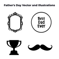 Father’s Day Silhouette Icon Set – Vintage Frame, Mustache, Trophy, Best Dad Badge