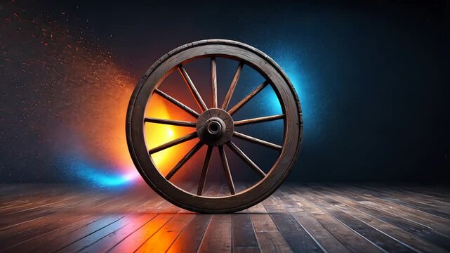 Vintage wooden wagon wheel standing upright on polished floor with dramatic orange and blue lighting against a dark textured background

