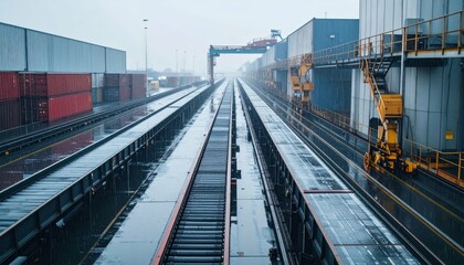 Fototapeta premium Industrial railway yard with containers in a rainy urban landscape