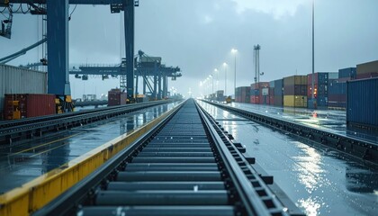 Industrial Dock with Shipping Containers and Rainy Sky at Dusk
