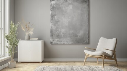 Grey chair next to white cupboard against the wall with silver painting in minimalist living room interior illustration , no logos, no brands