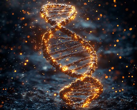 Glowing DNA key unlocking the secrets of the universe with the DNA strands swirling around an ancient cosmic key The key pulses with light illuminating the dark space around it
