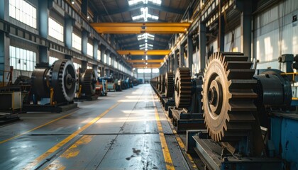 Industrial Factory Interior with Large Gears and Machinery Equipment