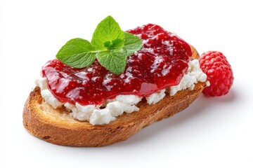 Delicious slice of toasted bread topped with creamy cheese and vibrant raspberry jam, garnished with fresh mint leaves, showcasing a delightful breakfast or snack option