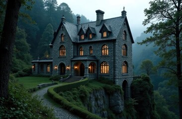 Fototapeta premium Long shot of a dark gothic mansion surrounded by trees at dusk.